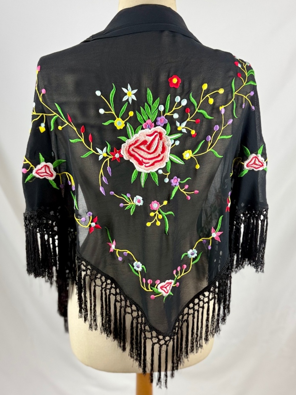 Mix Nouoveau Black Floral Embroidery Shawl Sheer Rayon Wrap Fringe Gypsy Boho